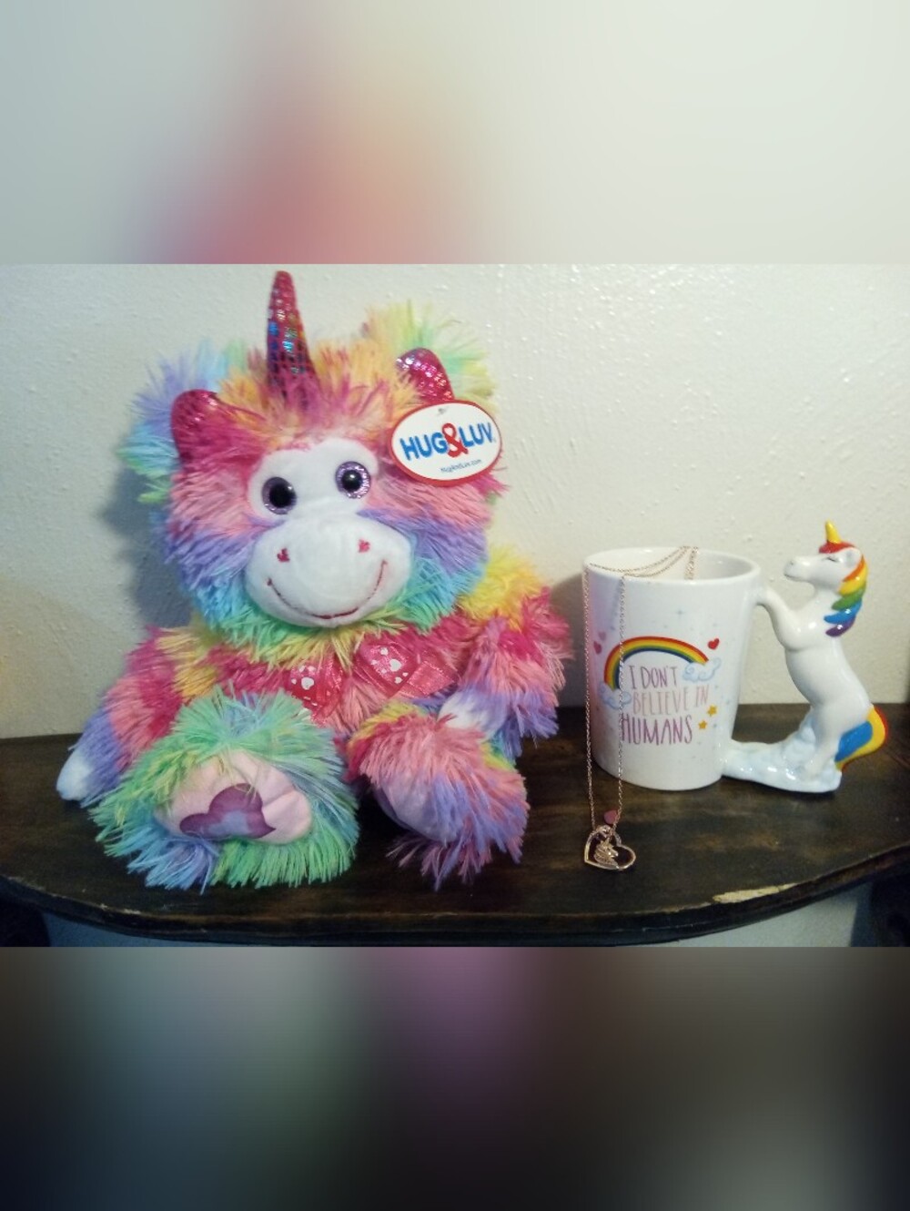 🌈I Don't Believe in Humans🦄 Unicorn Rainbow Necklace Plush Mug Set Bundle Gift